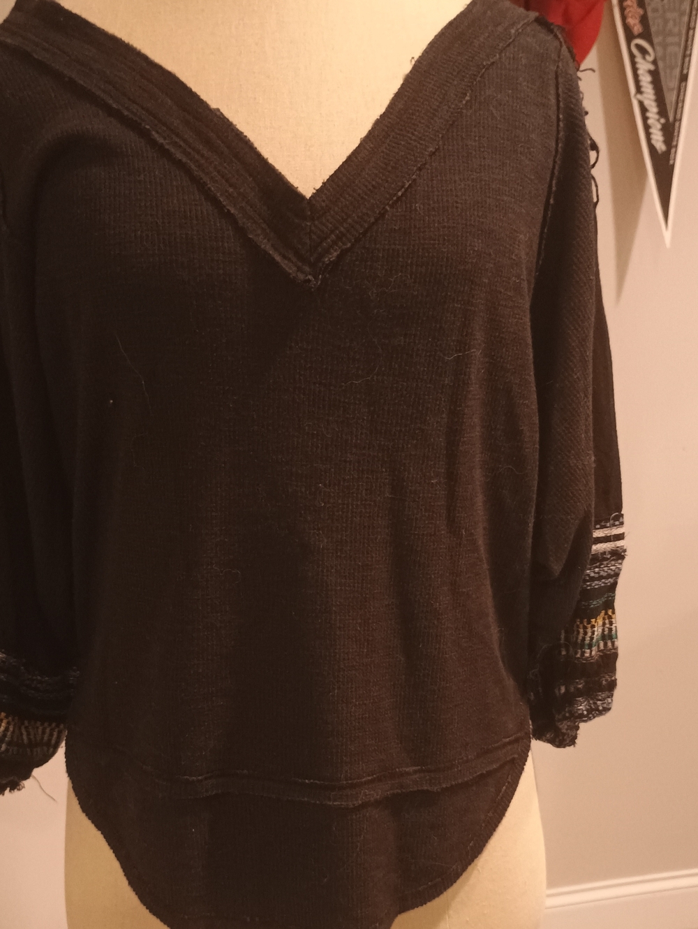 We The Free Black V-Neck Short Sleeve Sweater with Multicolor Cuff Detail